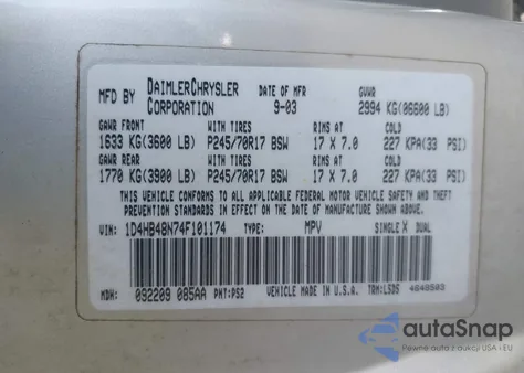 2004 Dodge Durango Slt from USA, damaged, VIN 1D4HB48N74F101174